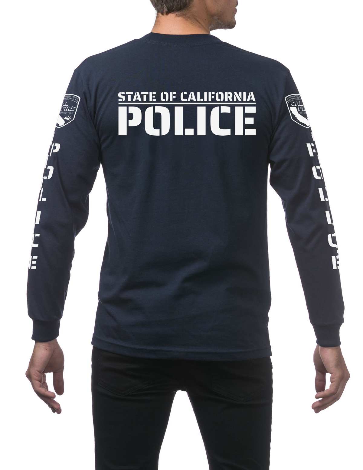 Back of the navy Pro Club heavyweight long-sleeve CAL FIRE Law Enforcement shirt showing the large white POLICE print over STATE OF CALIFORNIA, with the CAL FIRE shield on each shoulder and vertical POLICE lettering down both sleeves