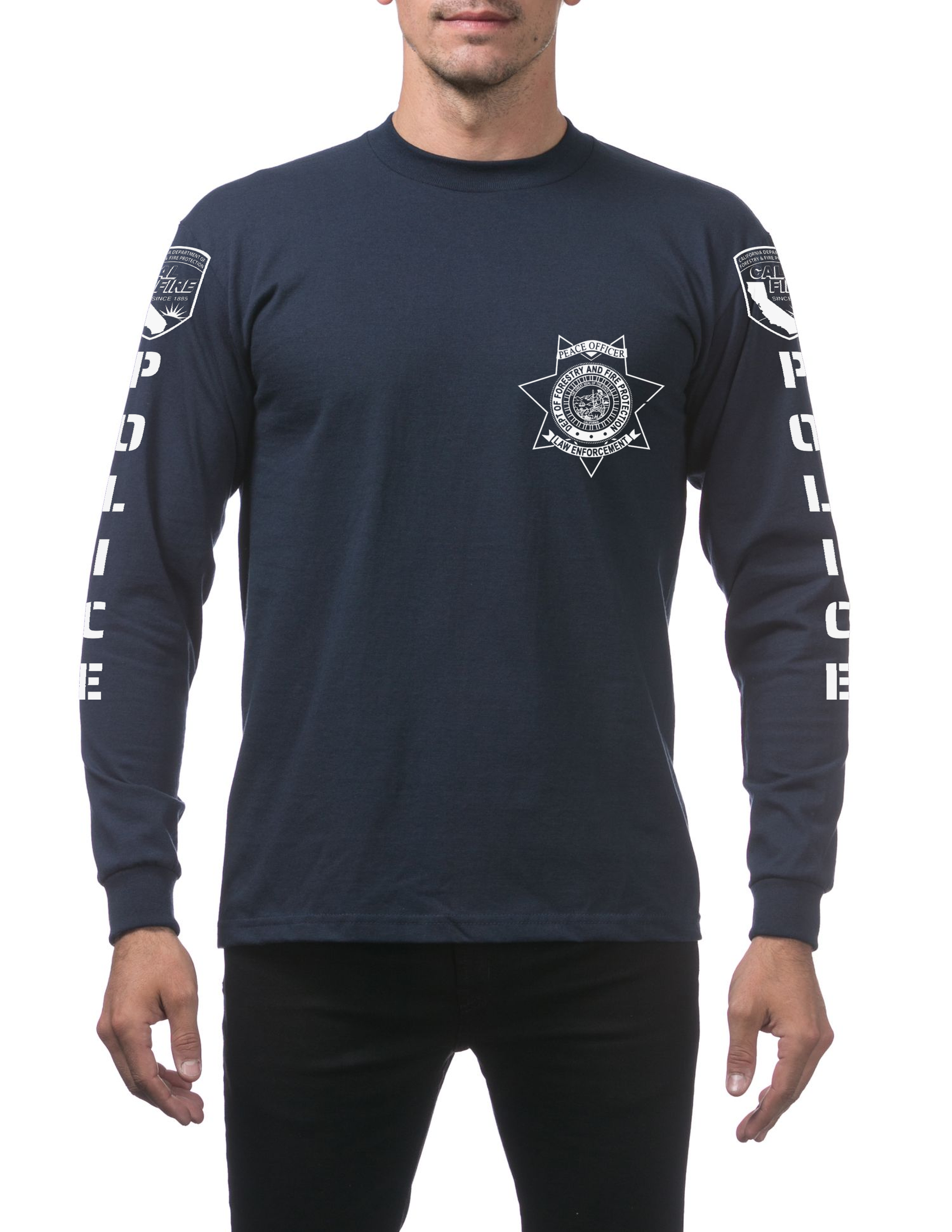 Navy Pro Club heavyweight long-sleeve CAL FIRE Law Enforcement shirt, front view, with the white CAL FIRE Peace Officer seven-point star badge on the left chest and the CAL FIRE shield and vertical POLICE lettering down each sleeve