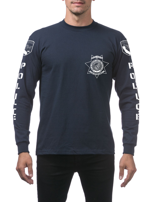 Navy Pro Club heavyweight long-sleeve CAL FIRE Law Enforcement shirt, front view, with the white CAL FIRE Peace Officer seven-point star badge on the left chest and the CAL FIRE shield and vertical POLICE lettering down each sleeve
