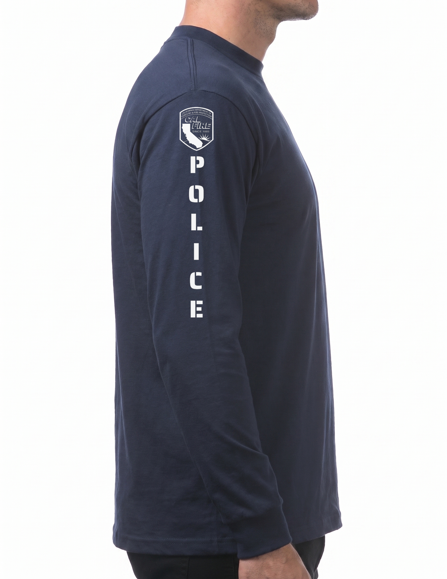 Side profile of the navy Pro Club heavyweight long-sleeve CAL FIRE Law Enforcement shirt showing the full sleeve print - the CAL FIRE shield on the shoulder above vertical POLICE lettering running down the arm