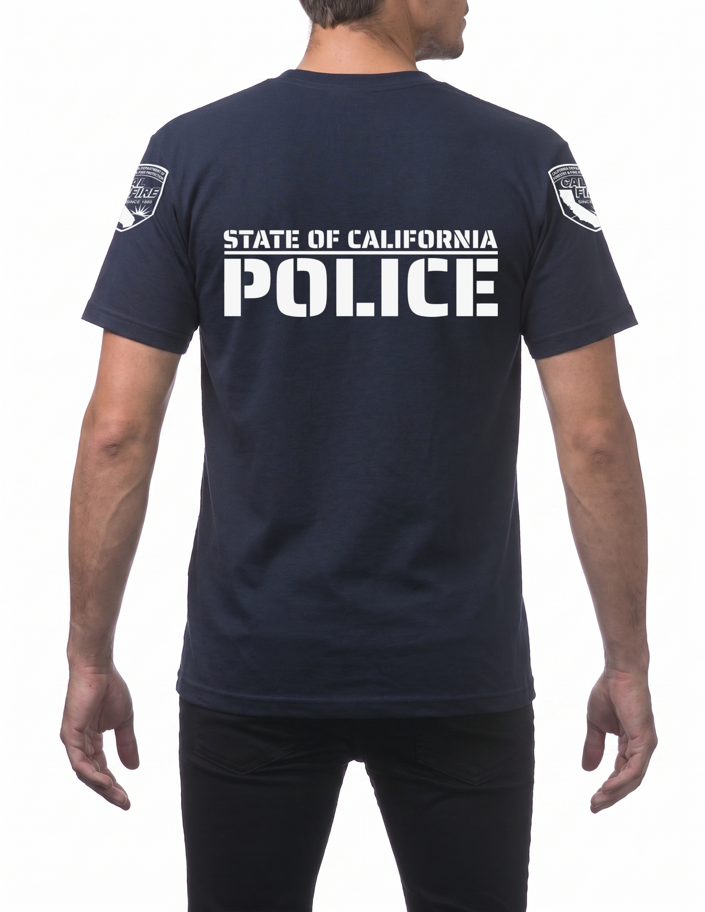Back of the navy Pro Club heavyweight short-sleeve CAL FIRE Law Enforcement shirt showing the large white STATE OF CALIFORNIA over POLICE print, with a CAL FIRE shield on each shoulder