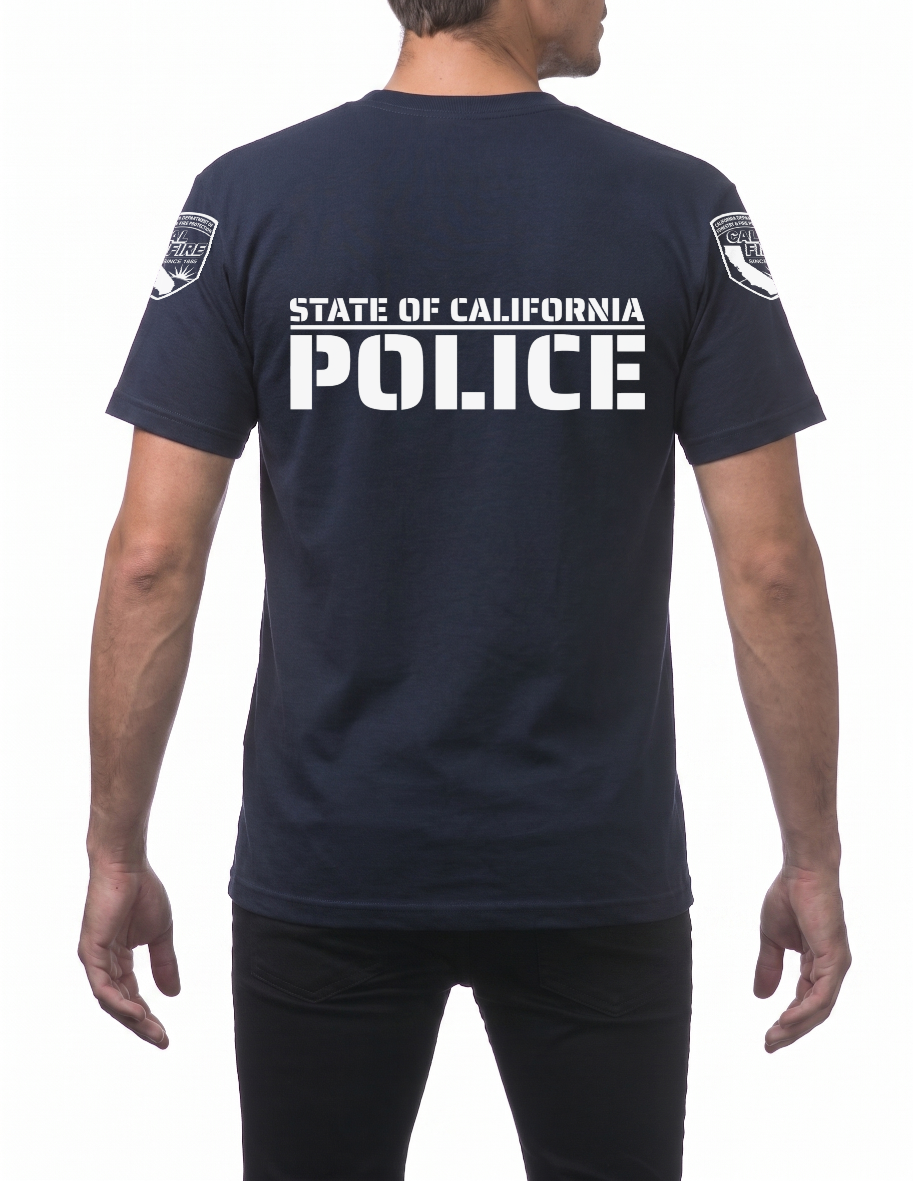 Back of the navy Pro Club heavyweight short-sleeve CAL FIRE Law Enforcement shirt showing the large white STATE OF CALIFORNIA over POLICE print, with a CAL FIRE shield on each shoulder
