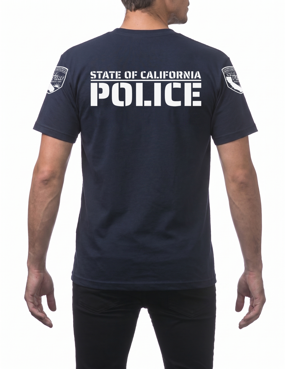 Back of the navy Pro Club heavyweight short-sleeve CAL FIRE Law Enforcement shirt showing the large white STATE OF CALIFORNIA over POLICE print, with a CAL FIRE shield on each shoulder