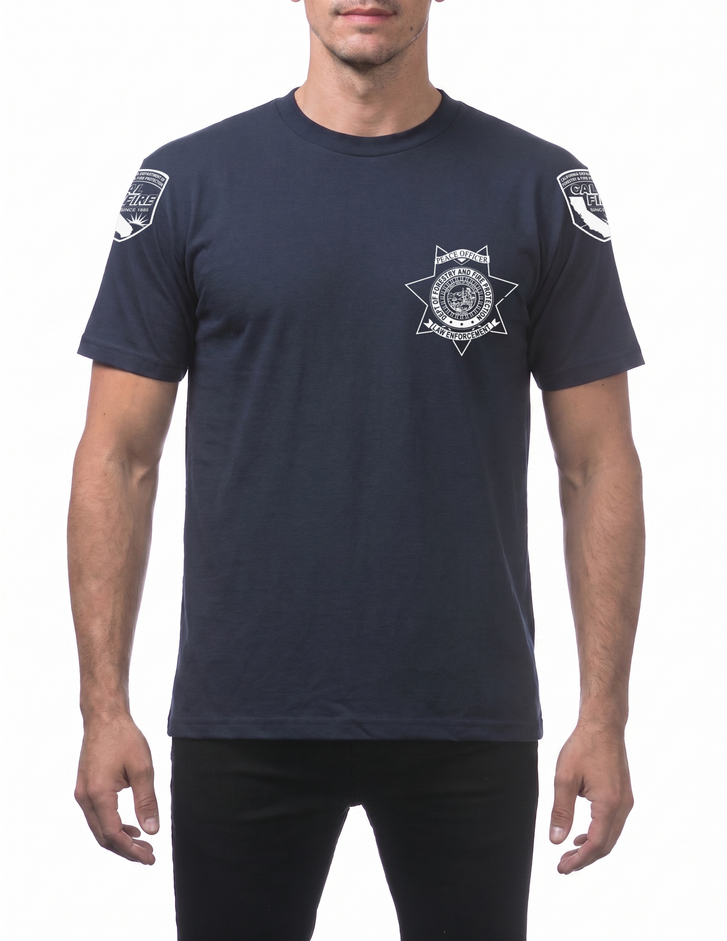 Navy Pro Club heavyweight short-sleeve CAL FIRE Law Enforcement shirt, front view, with the white CAL FIRE Peace Officer seven-point star badge on the left chest and a CAL FIRE shield on each shoulder