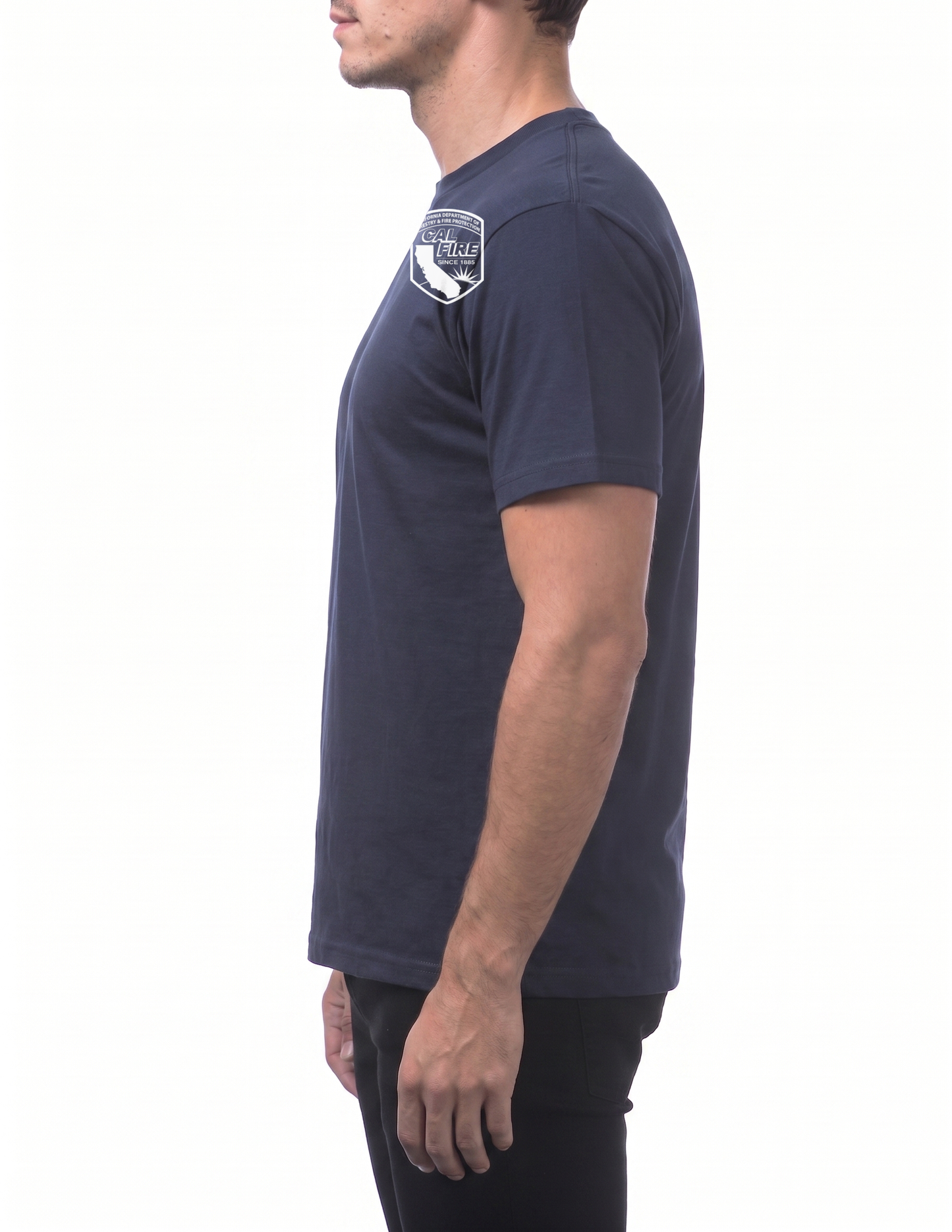Side profile of the navy Pro Club heavyweight short-sleeve CAL FIRE Law Enforcement shirt showing the CAL FIRE shield printed on the shoulder