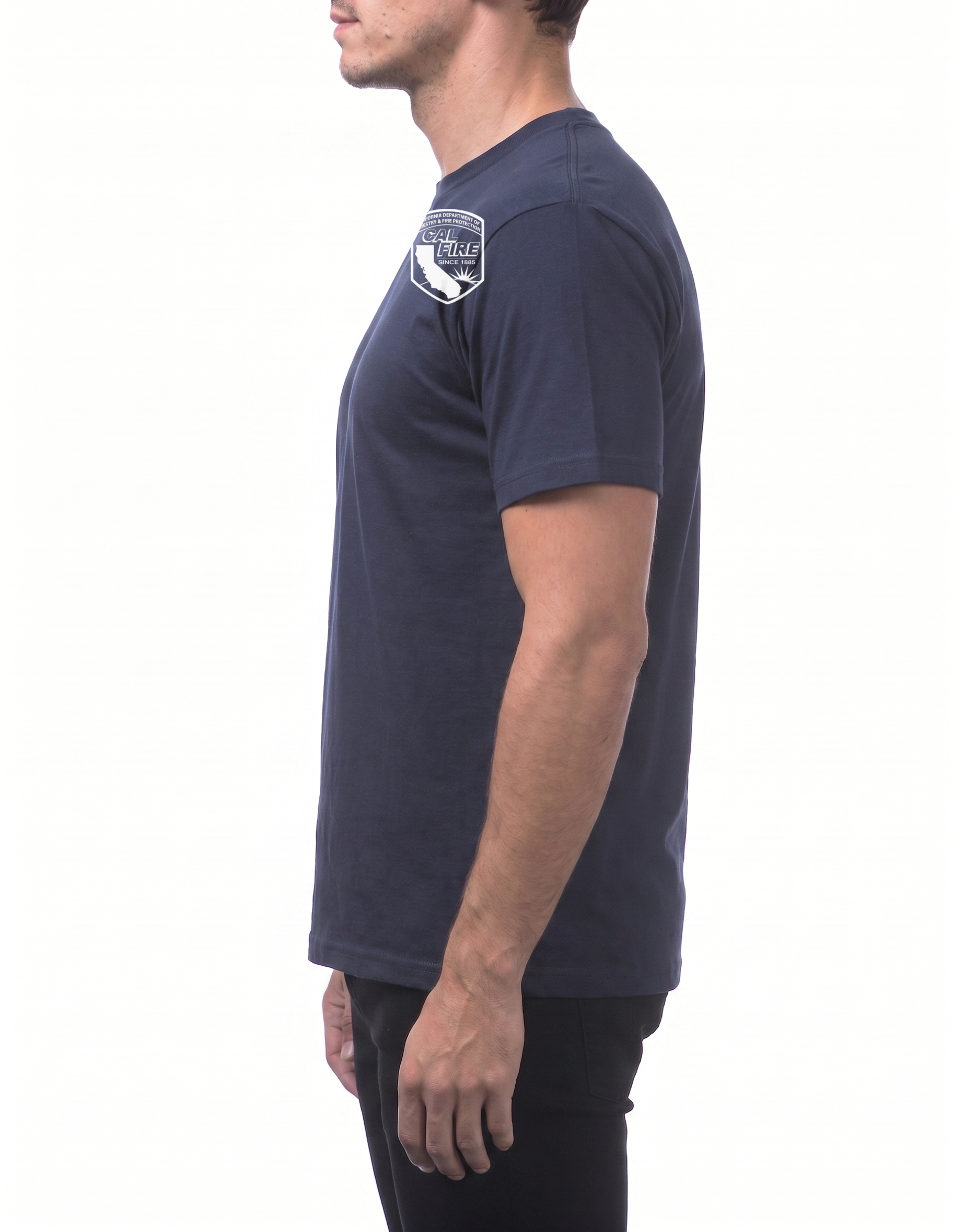 Side profile of the navy Pro Club heavyweight short-sleeve CAL FIRE Law Enforcement shirt showing the CAL FIRE shield printed on the shoulder