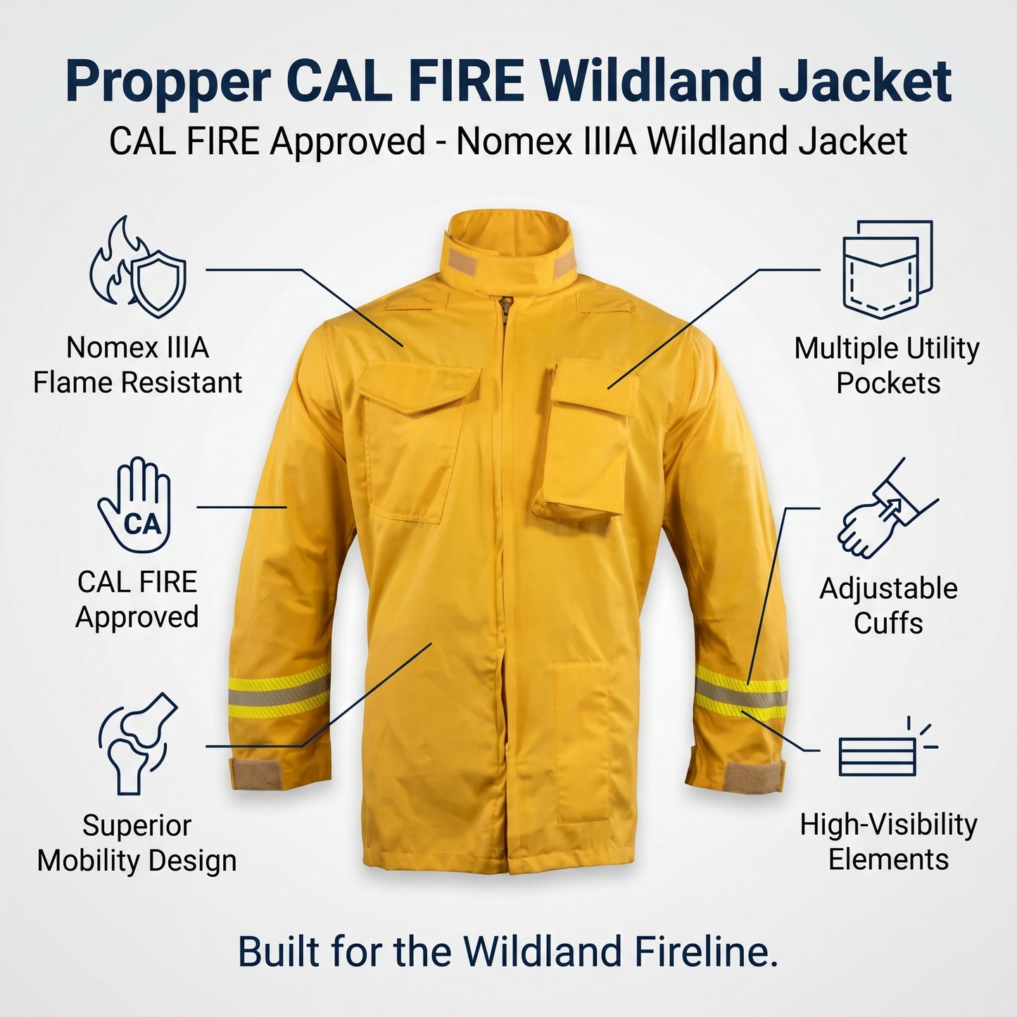 Propper CAL FIRE Wildland Jacket features - Nomex IIIA flame resistant, CAL FIRE approved, superior mobility, multiple pockets, adjustable cuffs, high-visibility
