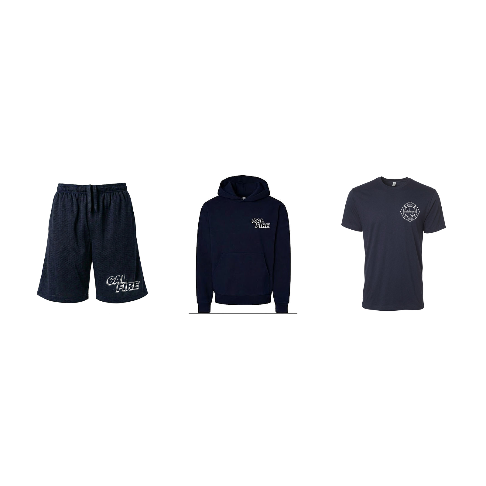 CAL FIRE PT Kit — Pro Club PT shorts, midweight sweatshirt, and lightweight short sleeve shirt.