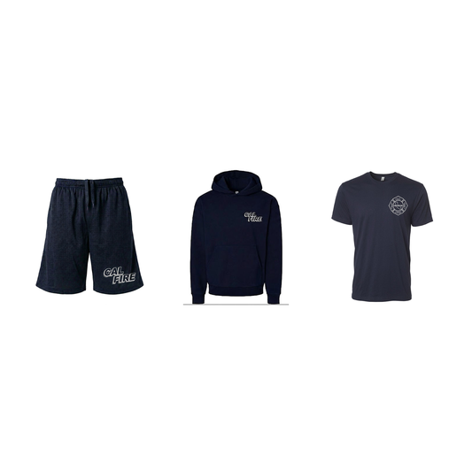 CAL FIRE PT Kit — Pro Club PT shorts, midweight sweatshirt, and lightweight short sleeve shirt.