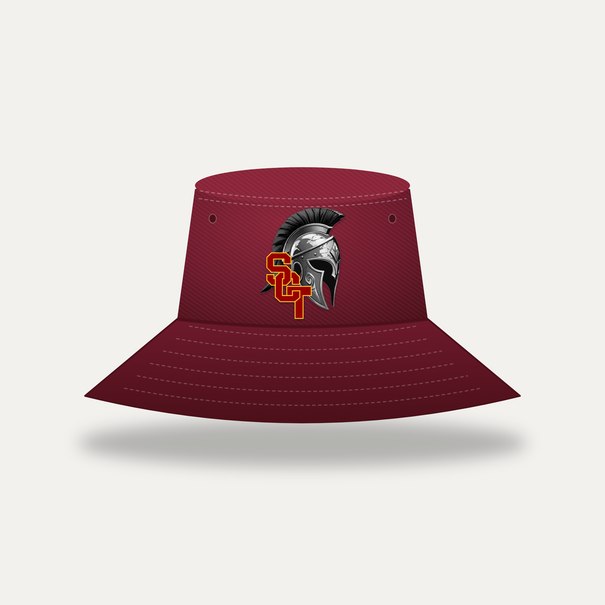 Siskiyou Trojans bucket hat in maroon, front view, with the Trojan helmet and interlocking SCT logo on the crown