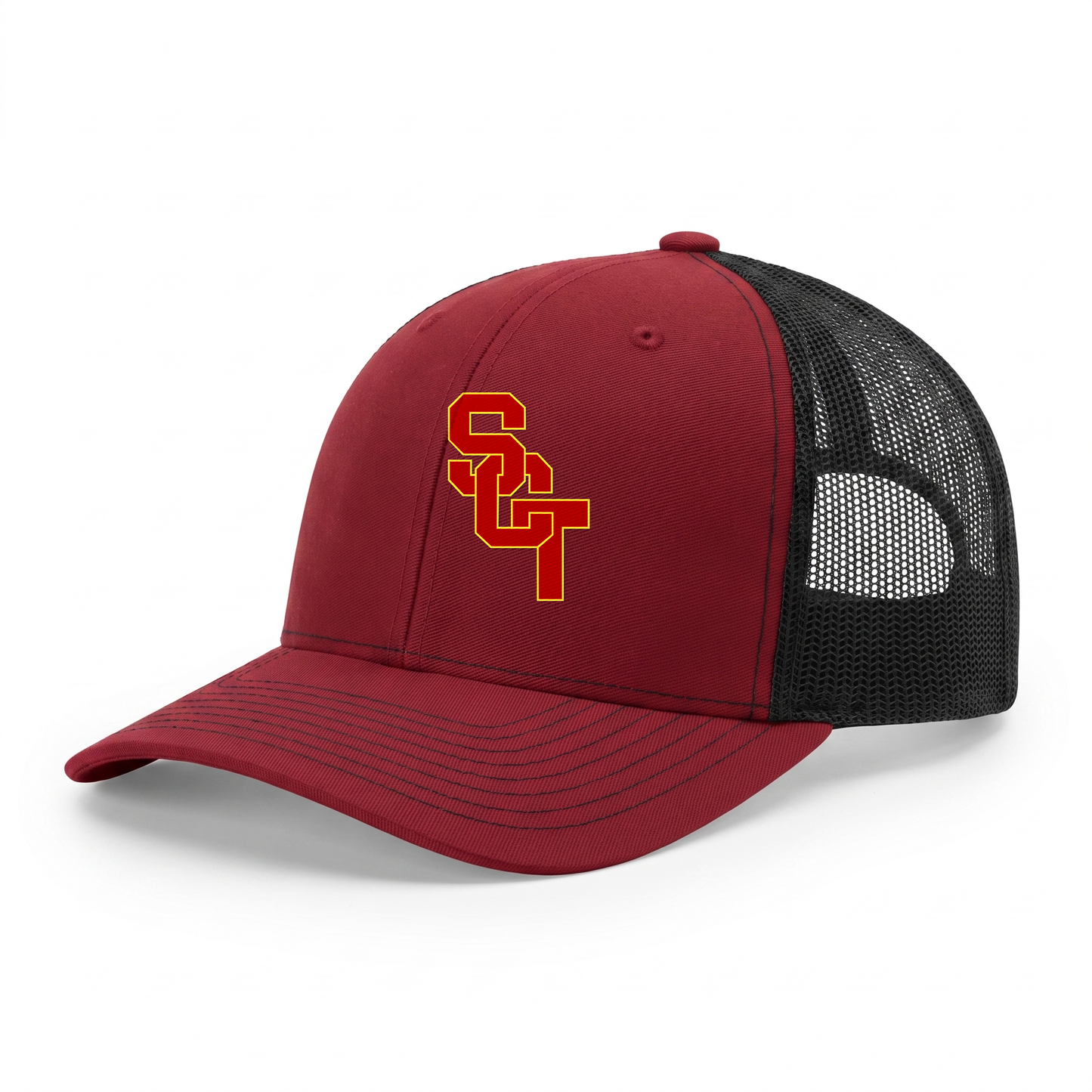 Siskiyou Trojans Snapback Trucker Cap in Cardinal/Black, front view