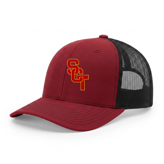 Siskiyou Trojans Snapback Trucker Cap in Cardinal/Black, front view