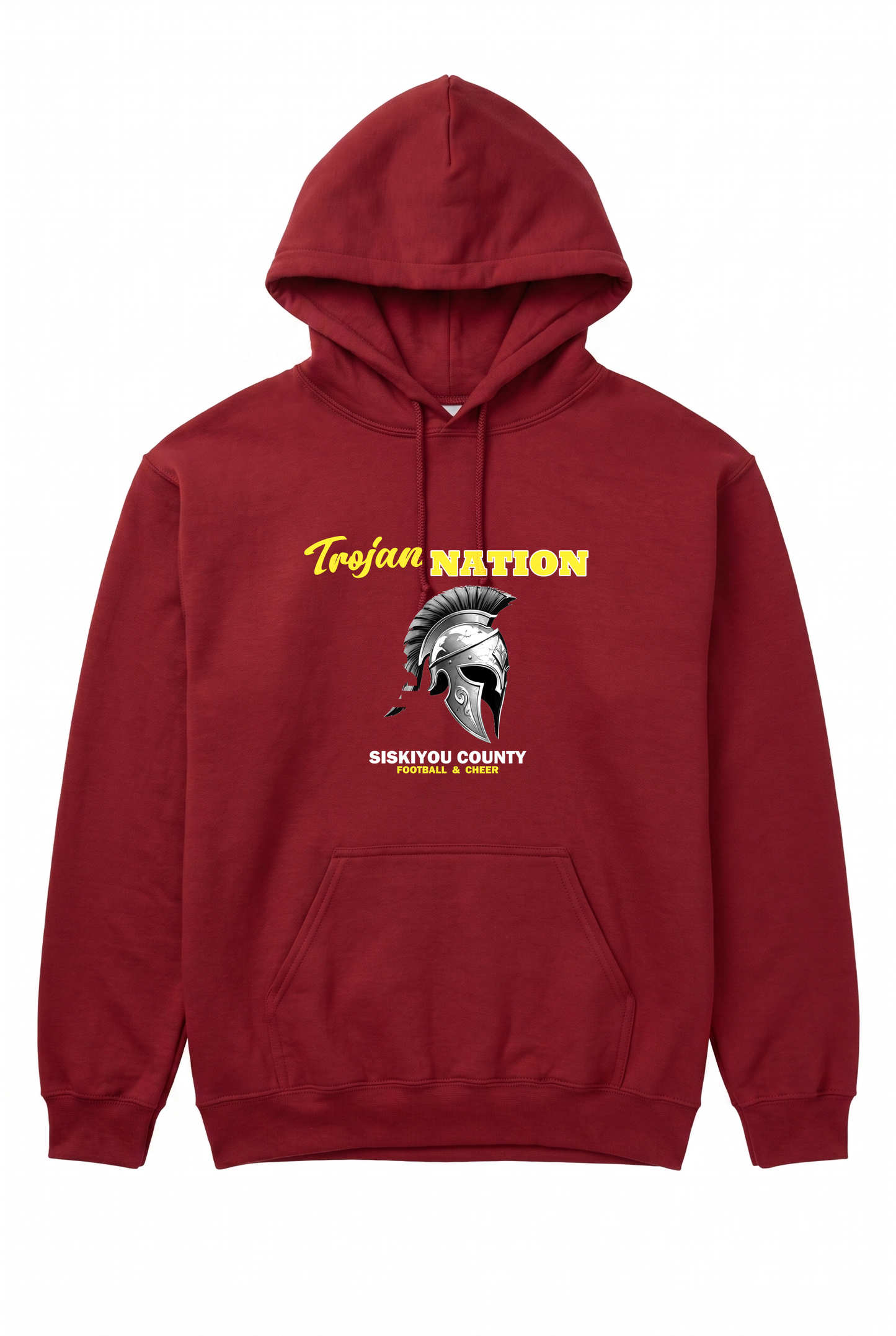 Siskiyou Trojans "Trojan Nation" Hoodie in Cardinal, front view