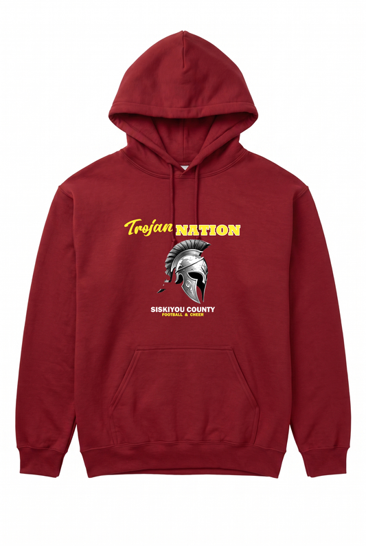 Siskiyou Trojans "Trojan Nation" Hoodie in Cardinal, front view