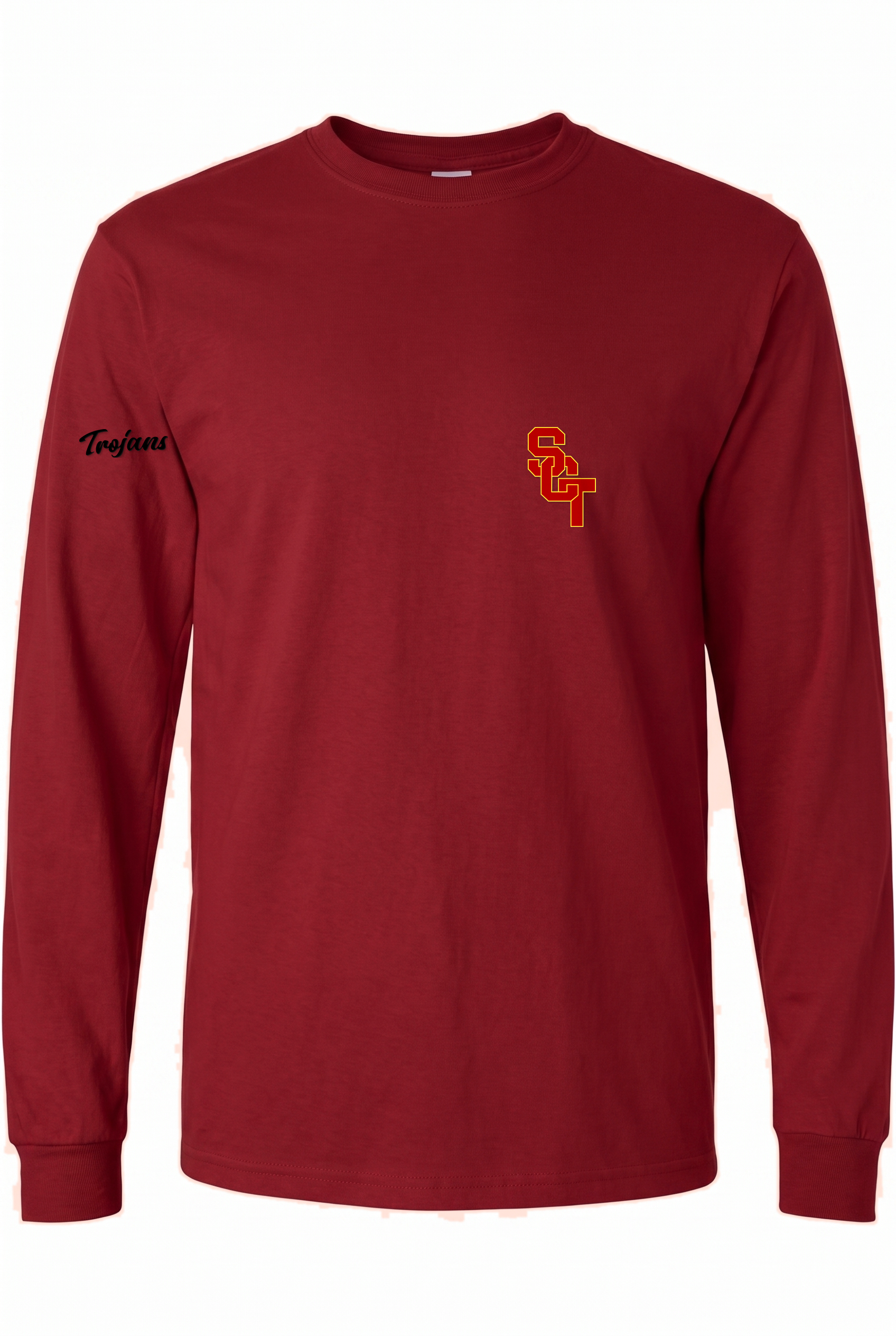Siskiyou Trojans Long Sleeve Tee in Cardinal, front view