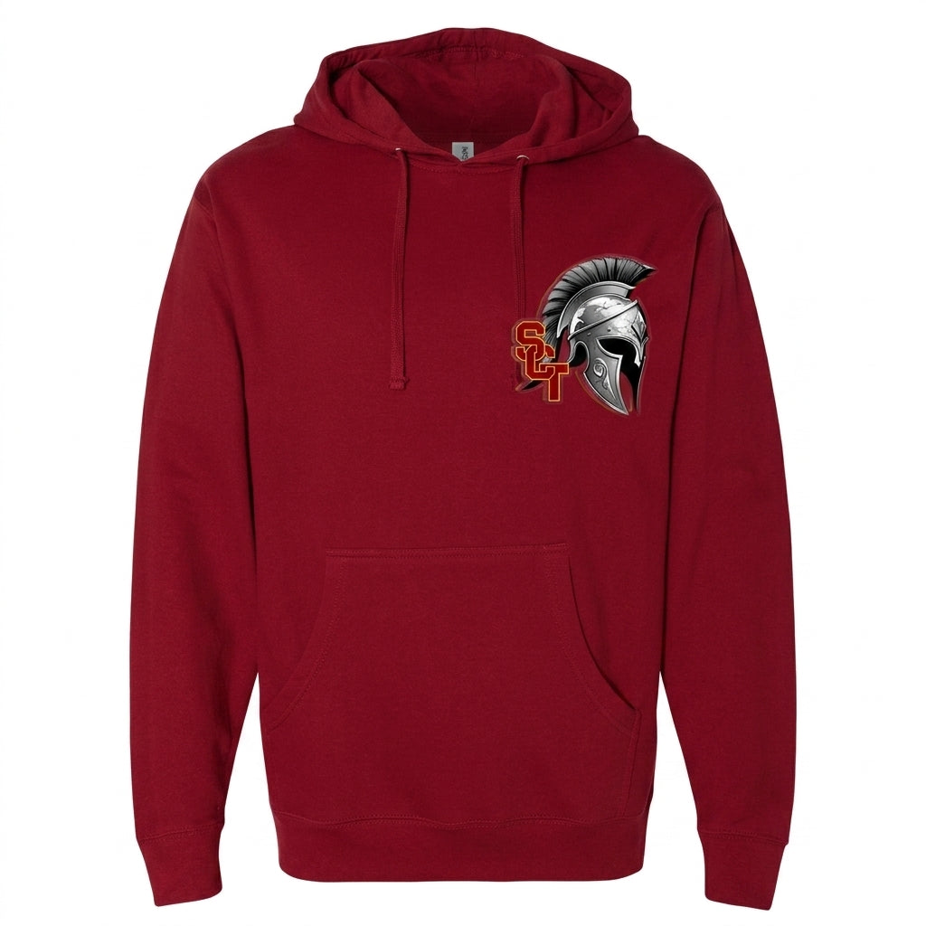 Siskiyou Trojans SCT crest on Crimson hoodie (front view)