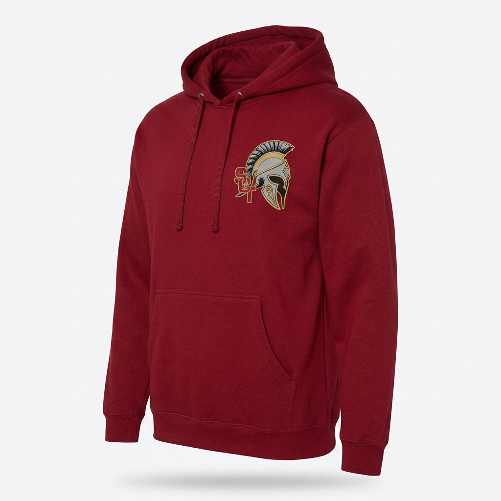Siskiyou Trojans SCT crest on Crimson hoodie (side view)