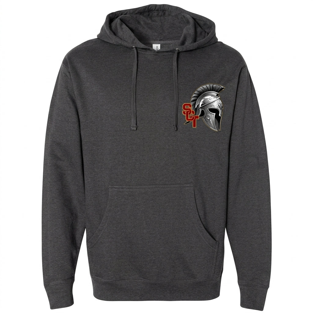 Siskiyou Trojans SCT crest on Dark Gray hoodie (front view)
