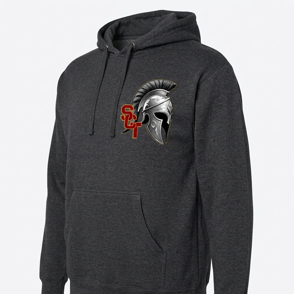 Siskiyou Trojans SCT crest on Dark Gray hoodie (side view)