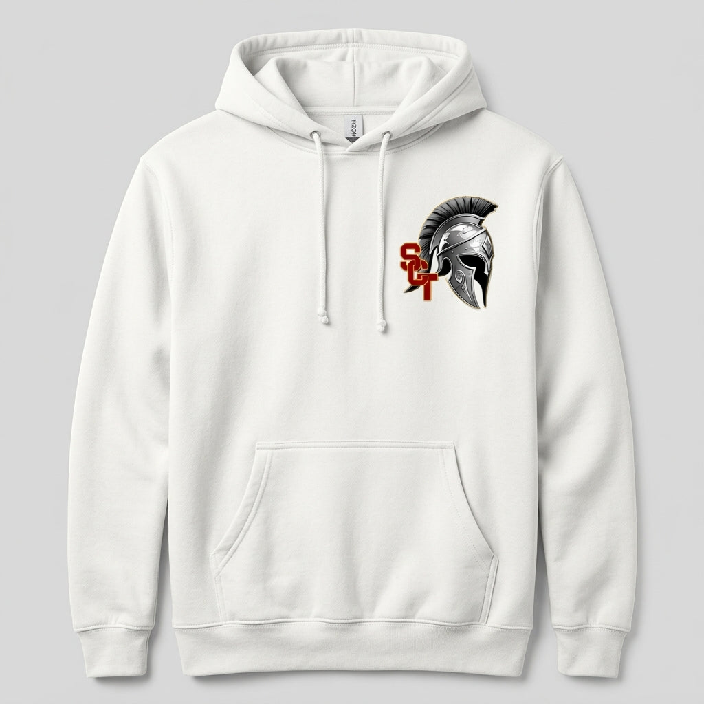 Siskiyou Trojans SCT crest on White hoodie (front view)