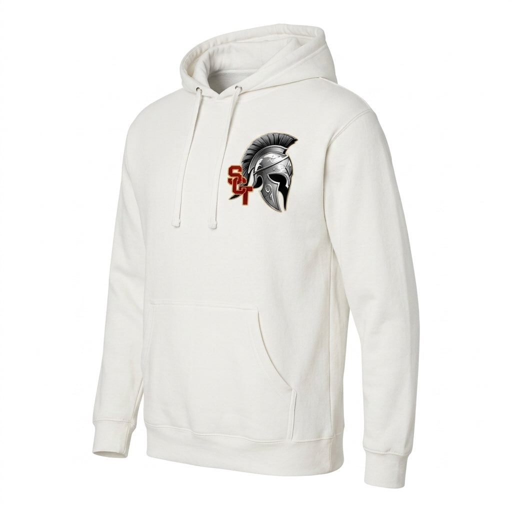 Siskiyou Trojans SCT crest on White hoodie (side view)