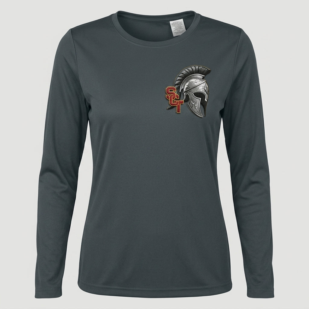 Siskiyou Trojans SCT crest on Graphite ladies-ls-tee (front view)
