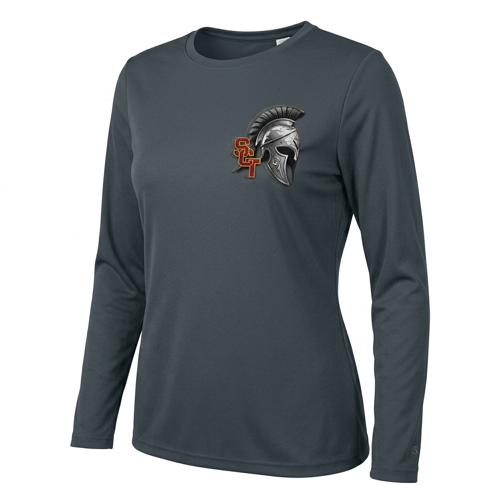 Siskiyou Trojans SCT crest on Graphite ladies-ls-tee (side view)