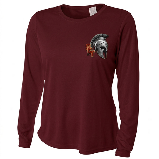 Siskiyou Trojans SCT crest on Maroon ladies-ls-tee (front view)