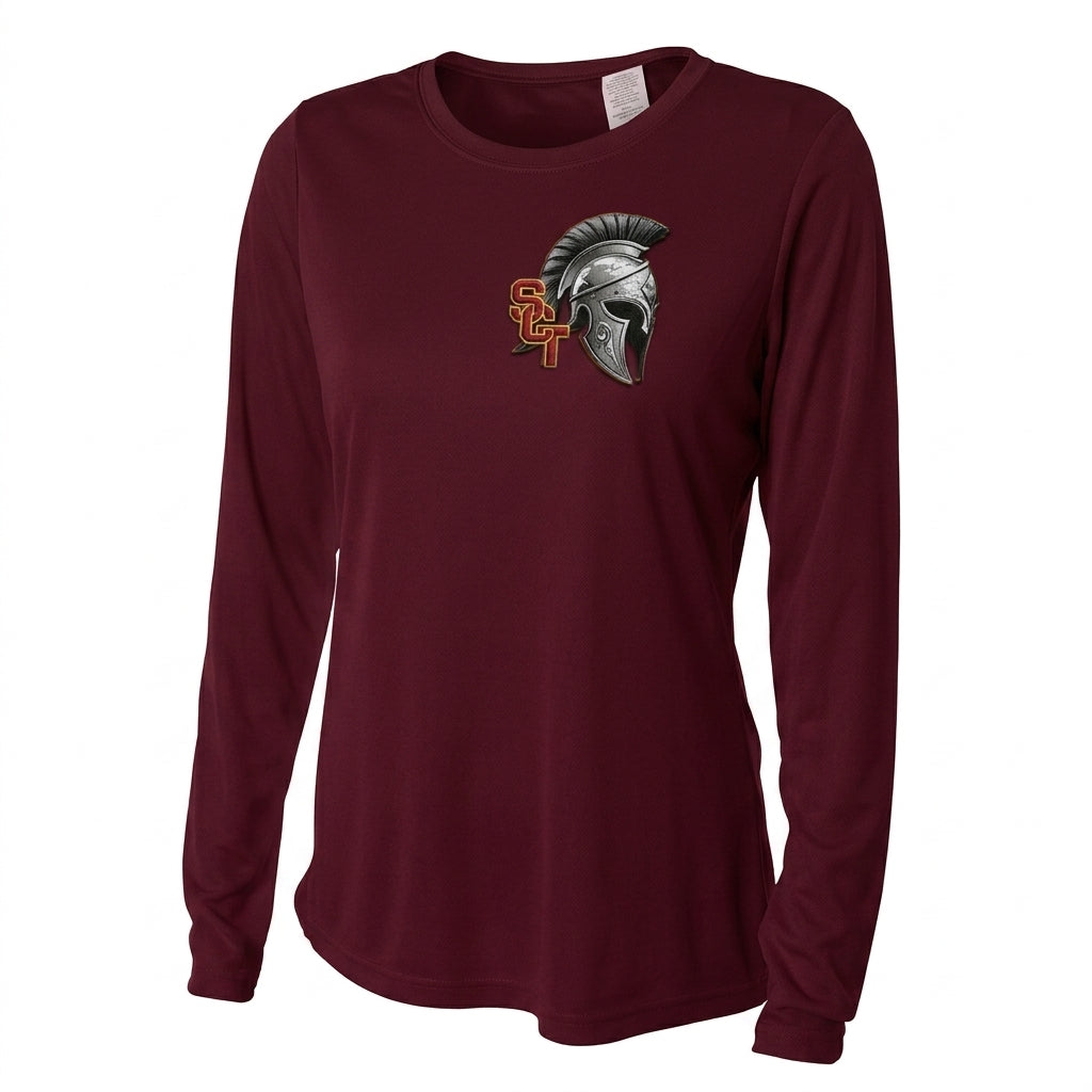 Siskiyou Trojans SCT crest on Maroon ladies-ls-tee (side view)