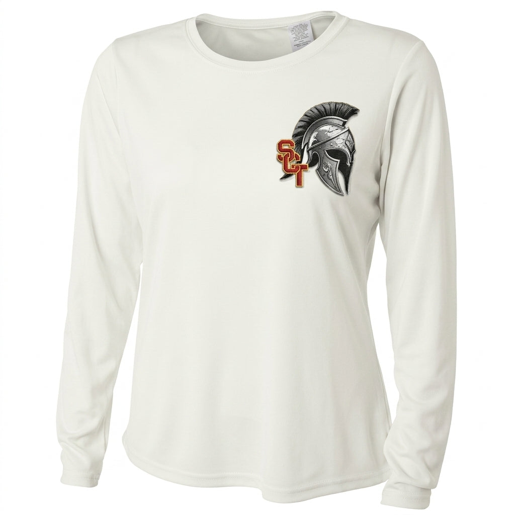 Siskiyou Trojans SCT crest on White ladies-ls-tee (front view)
