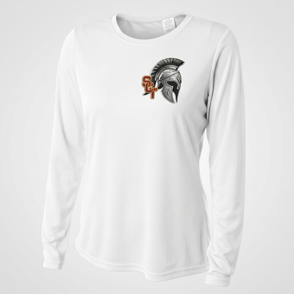 Siskiyou Trojans SCT crest on White ladies-ls-tee (side view)