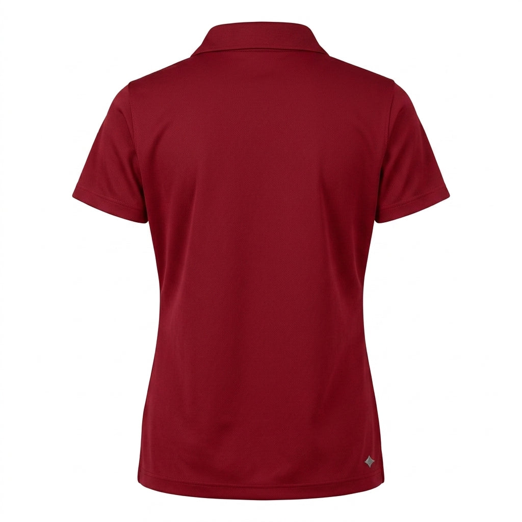 Siskiyou Trojans SCT crest on Crimson ladies-polo (back view)