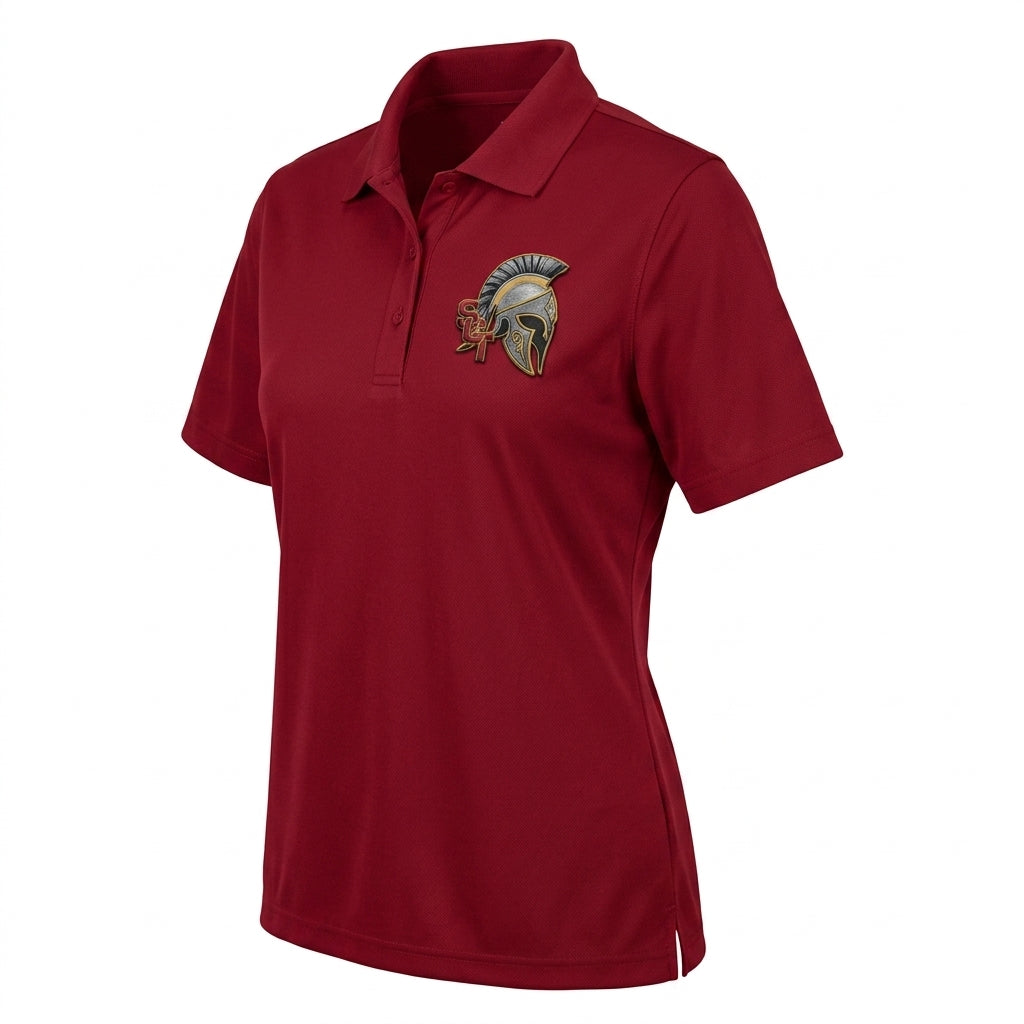 Siskiyou Trojans SCT crest on Crimson ladies-polo (side view)
