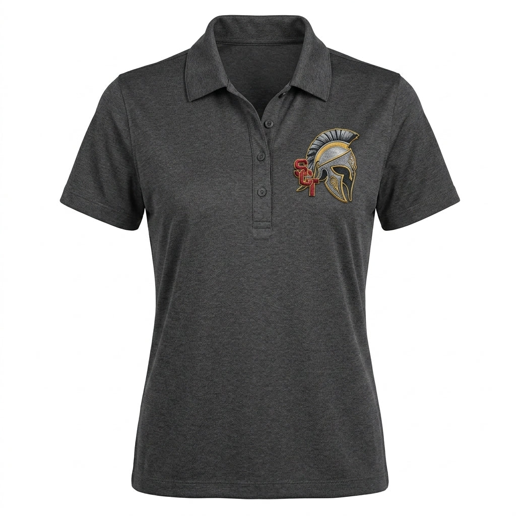 Siskiyou Trojans SCT crest on Dark Gray ladies-polo (front view)