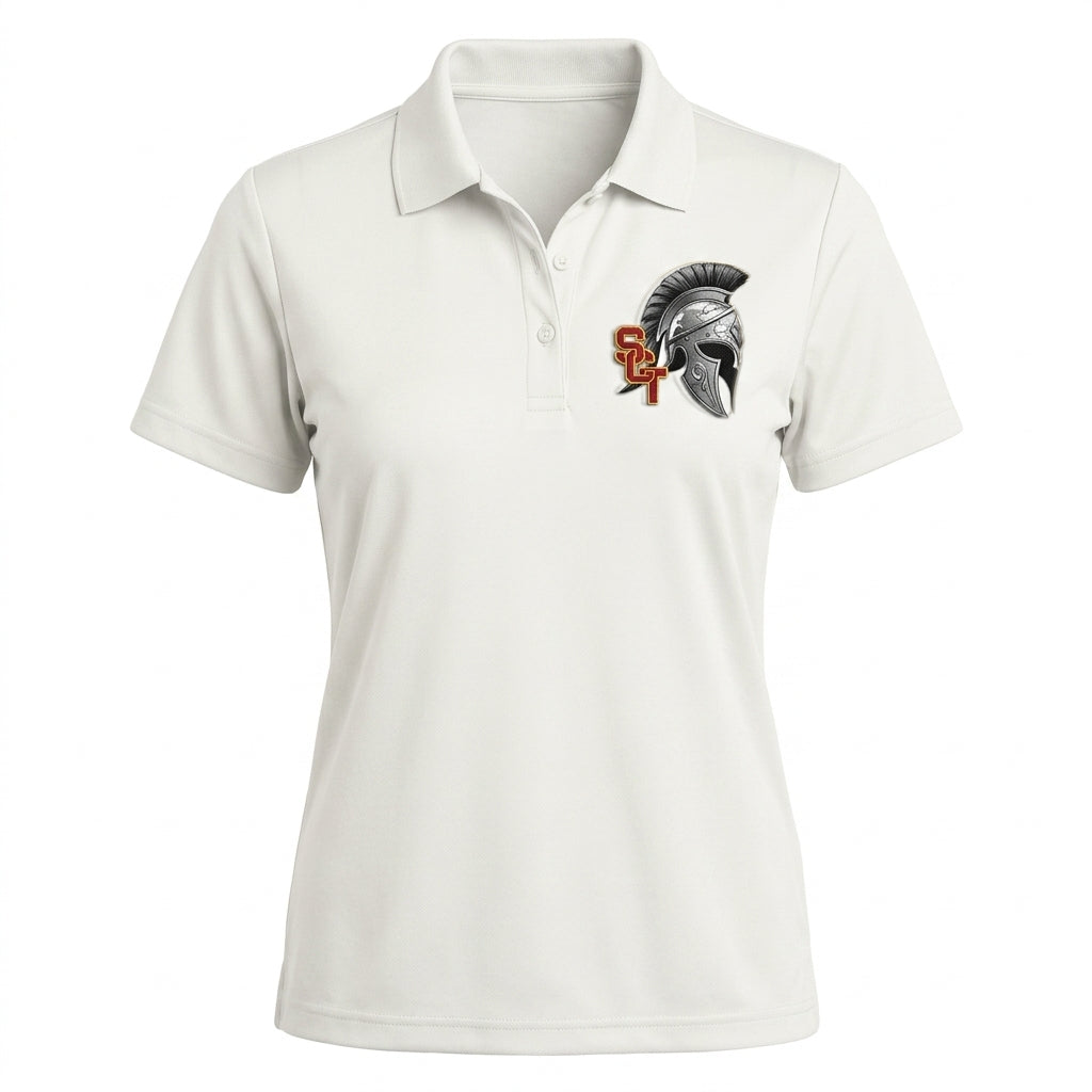 Siskiyou Trojans SCT crest on White ladies-polo (front view)