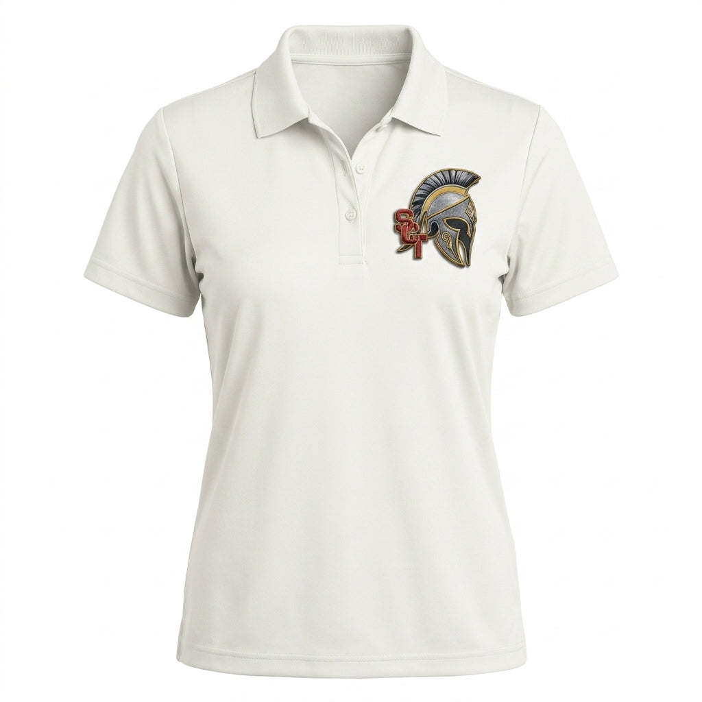 Siskiyou Trojans SCT crest on White ladies-polo (front view)