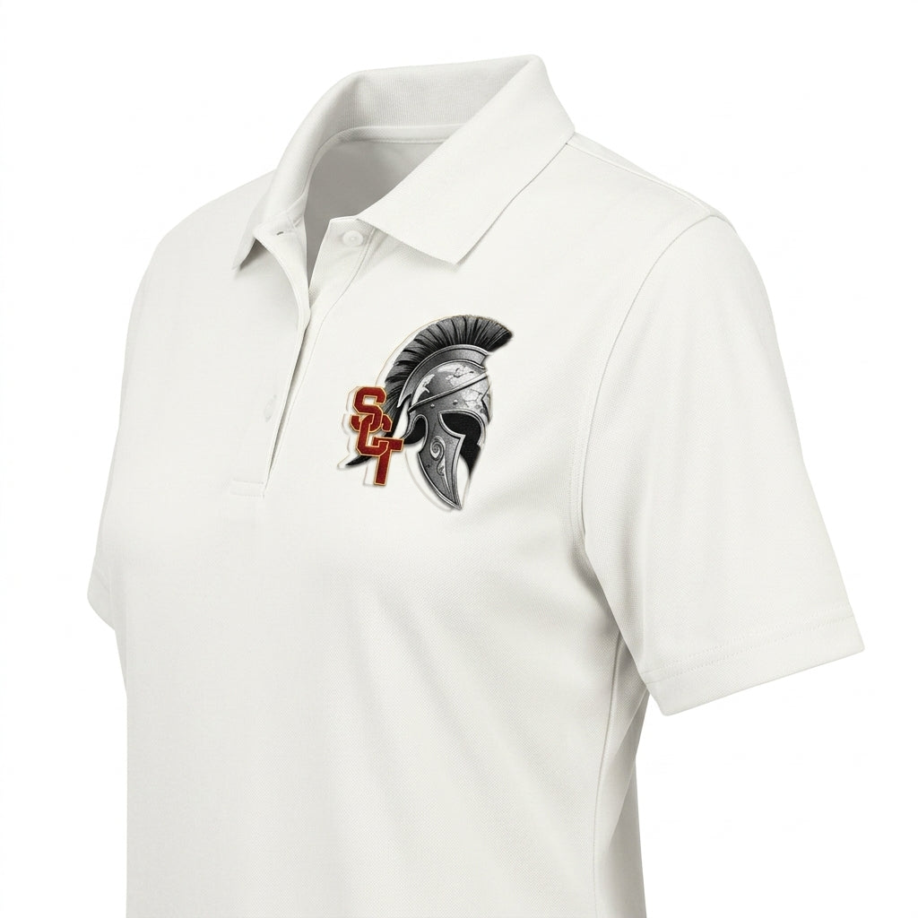 Siskiyou Trojans SCT crest on White ladies-polo (side view)