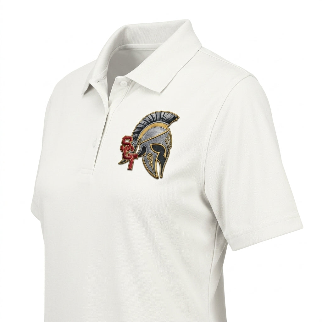 Siskiyou Trojans SCT crest on White ladies-polo (side view)