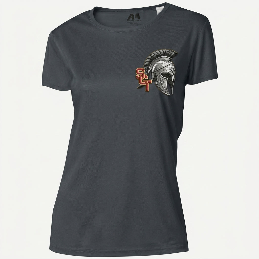 Siskiyou Trojans SCT crest on Graphite ladies-ss-tee (front view)