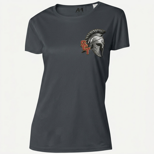 Siskiyou Trojans SCT crest on Graphite ladies-ss-tee (front view)