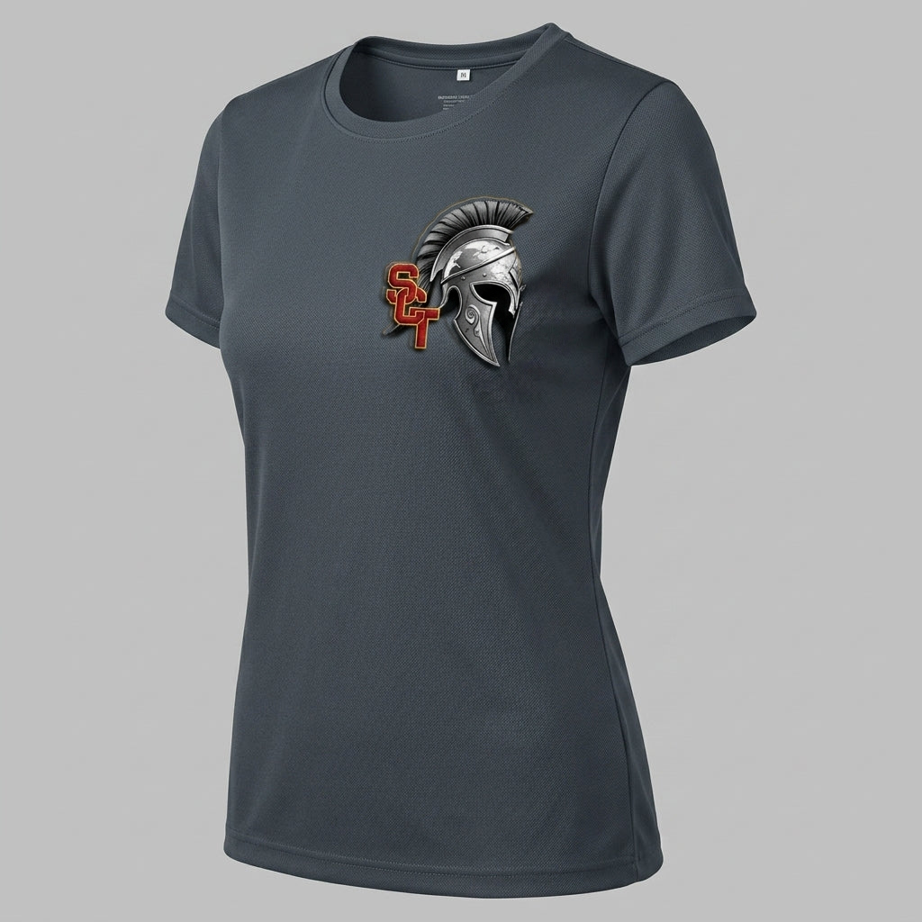 Siskiyou Trojans SCT crest on Graphite ladies-ss-tee (side view)