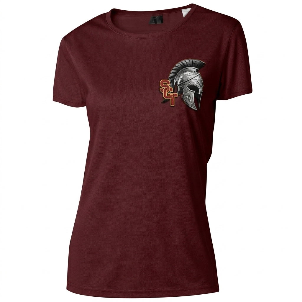 Siskiyou Trojans SCT crest on Maroon ladies short-sleeve crew (front view)
