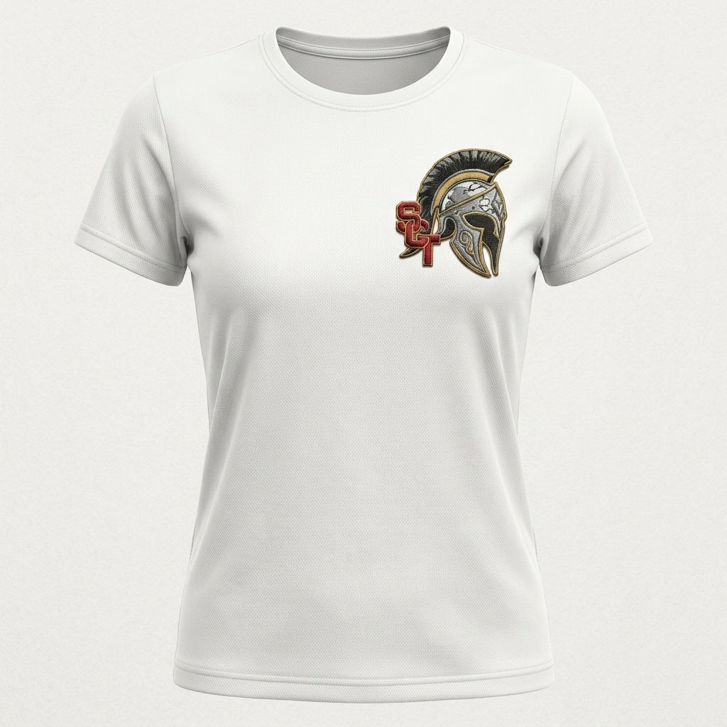 Siskiyou Trojans SCT crest on White ladies-ss-tee (front view)