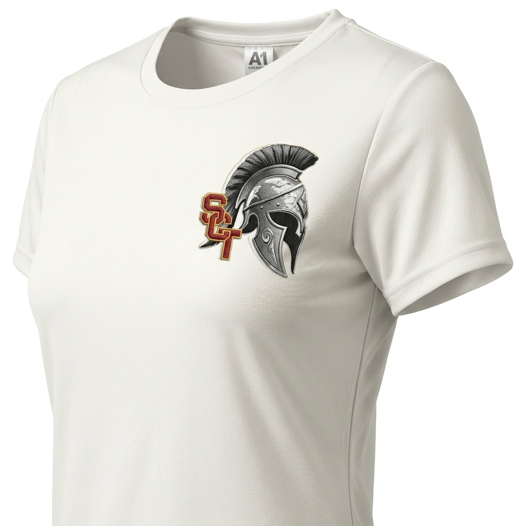 Siskiyou Trojans SCT crest on White ladies-ss-tee (side view)