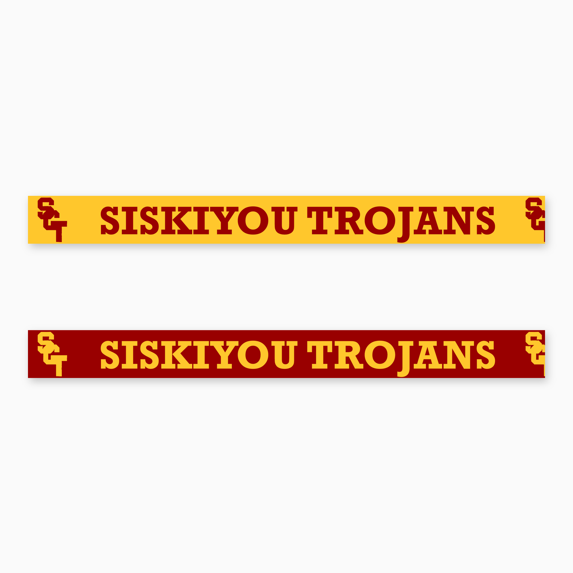 Exact dye-sublimated print art of the Siskiyou Trojans reversible lanyard: gold face with cardinal print and cardinal face with gold print