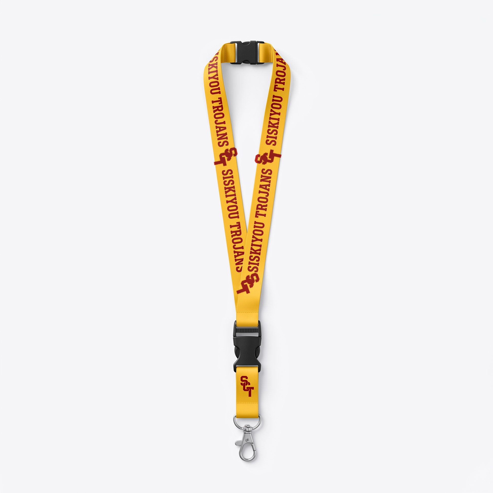 Siskiyou Trojans reversible lanyard, gold side showing cardinal SCT monogram and SISKIYOU TROJANS wordmark, with detachable buckle and lobster-claw clasp