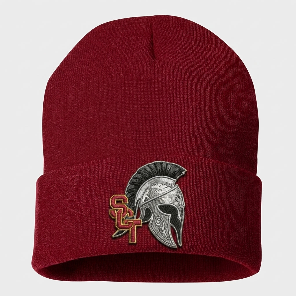 Siskiyou Trojans SCT crest on Crimson long-beanie (front view)