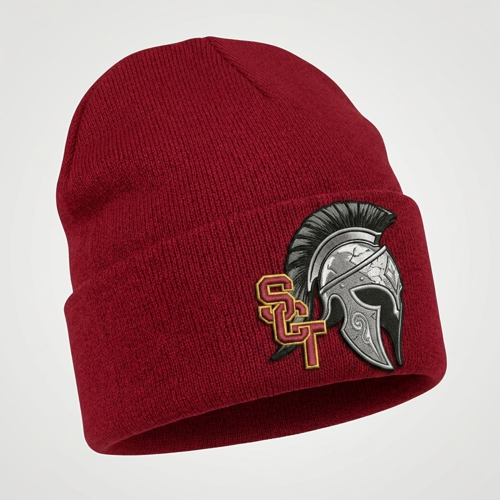 Siskiyou Trojans SCT crest on Crimson long-beanie (side view)
