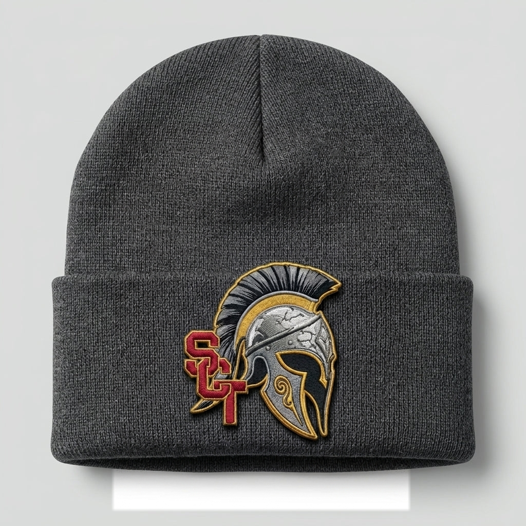 Siskiyou Trojans SCT crest on Dark Gray long-beanie (front view)