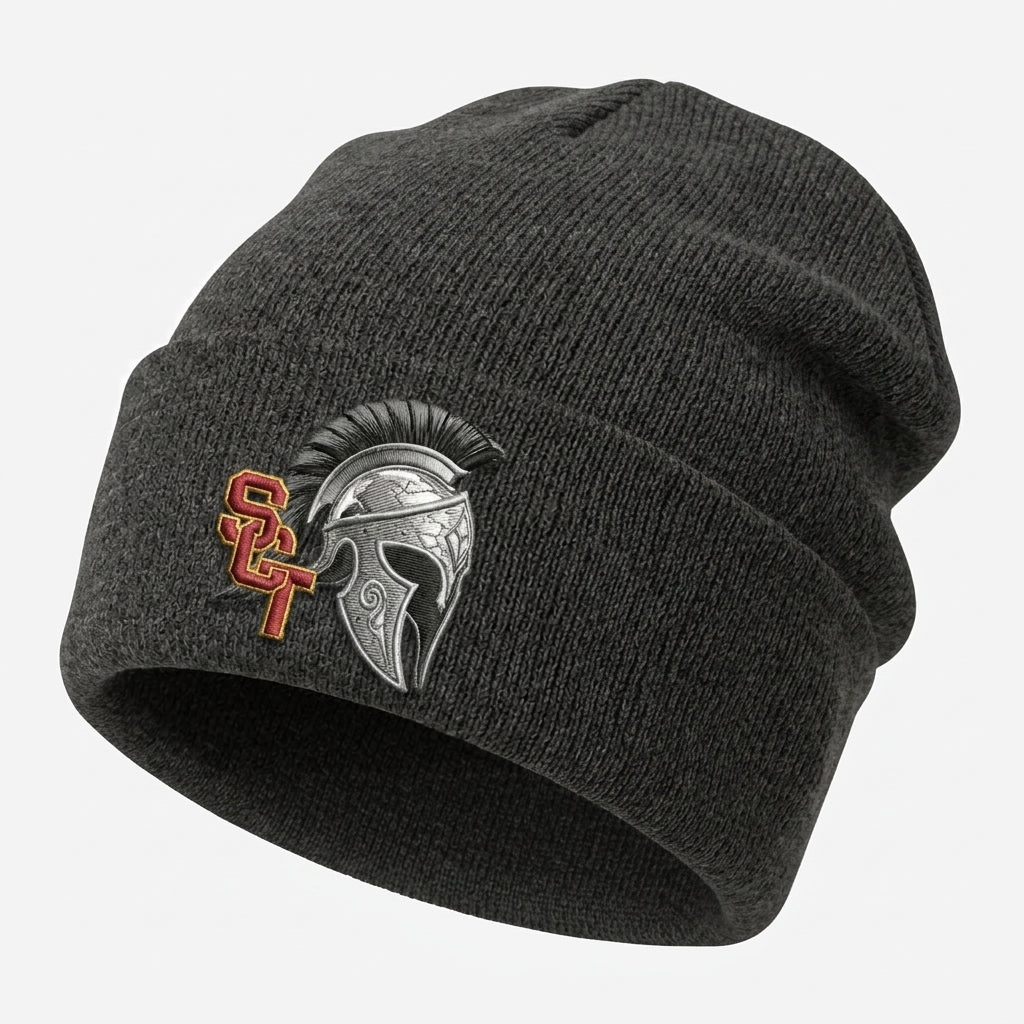 Siskiyou Trojans SCT crest on Dark Gray long-beanie (side view)
